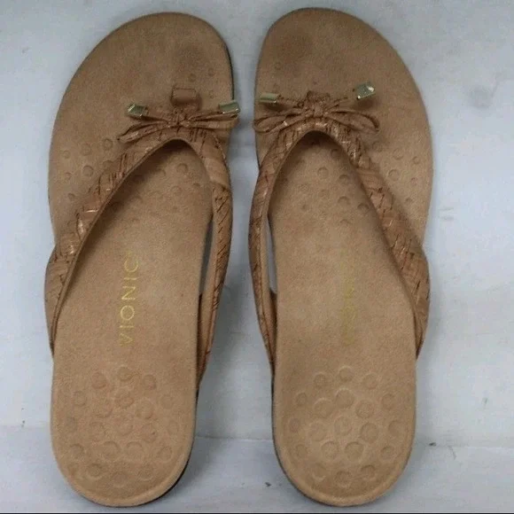 Vionic Bella Cork Bow Flip Flop9 Sandals Tan Gold Orthotic Thong Womens 8.5 Wide - Picture 6 of 7